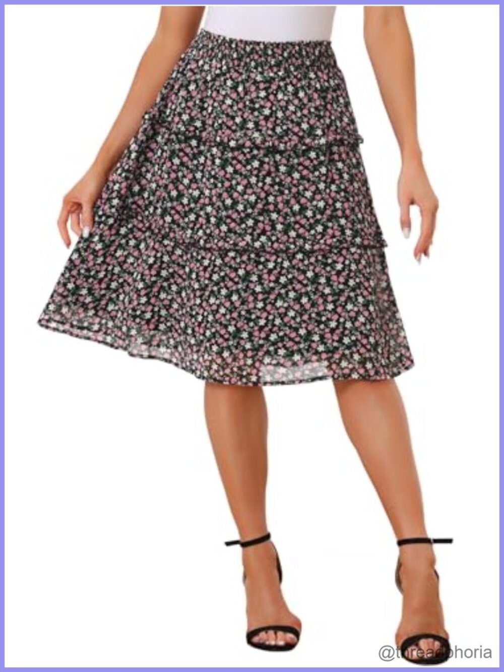 Floral Chiffon Midi Skirt with Smocked Elastic Waist and Tiered A-Line Ruffle